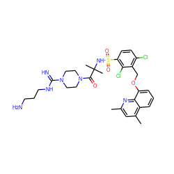 Cc1cc(C)c2cccc(OCc3c(Cl)ccc(S(=O)(=O)NC(C)(C)C(=O)N4CCN(C(=N)NCCCN)CC4)c3Cl)c2n1 ZINC000049778166