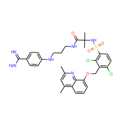 Cc1cc(C)c2cccc(OCc3c(Cl)ccc(S(=O)(=O)NC(C)(C)C(=O)NCCCNc4ccc(C(=N)N)cc4)c3Cl)c2n1 ZINC000049778335