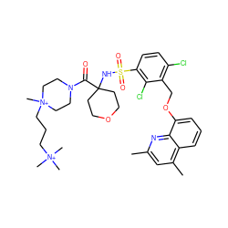 Cc1cc(C)c2cccc(OCc3c(Cl)ccc(S(=O)(=O)NC4(C(=O)N5CC[N+](C)(CCC[N+](C)(C)C)CC5)CCOCC4)c3Cl)c2n1 ZINC000082178767