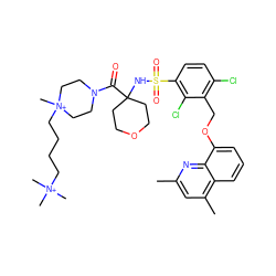 Cc1cc(C)c2cccc(OCc3c(Cl)ccc(S(=O)(=O)NC4(C(=O)N5CC[N+](C)(CCCC[N+](C)(C)C)CC5)CCOCC4)c3Cl)c2n1 ZINC000082178436