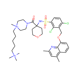 Cc1cc(C)c2cccc(OCc3c(Cl)ccc(S(=O)(=O)NC4(C(=O)N5CC[N+](C)(CCCCC[N+](C)(C)C)CC5)CCOCC4)c3Cl)c2n1 ZINC000082181602