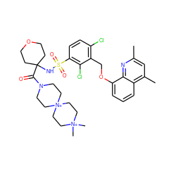 Cc1cc(C)c2cccc(OCc3c(Cl)ccc(S(=O)(=O)NC4(C(=O)N5CC[N+]6(CC5)CC[N+](C)(C)CC6)CCOCC4)c3Cl)c2n1 ZINC000082178794