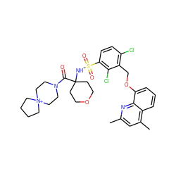 Cc1cc(C)c2cccc(OCc3c(Cl)ccc(S(=O)(=O)NC4(C(=O)N5CC[N+]6(CCCC6)CC5)CCOCC4)c3Cl)c2n1 ZINC000082178762