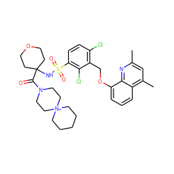 Cc1cc(C)c2cccc(OCc3c(Cl)ccc(S(=O)(=O)NC4(C(=O)N5CC[N+]6(CCCCC6)CC5)CCOCC4)c3Cl)c2n1 ZINC000082181801