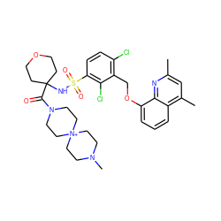 Cc1cc(C)c2cccc(OCc3c(Cl)ccc(S(=O)(=O)NC4(C(=O)N5CC[N+]6(CCN(C)CC6)CC5)CCOCC4)c3Cl)c2n1 ZINC000082178417