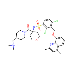 Cc1cc(C)c2cccc(OCc3c(Cl)ccc(S(=O)(=O)NC4(C(=O)N5CCC(C[N+](C)(C)C)CC5)CCOCC4)c3Cl)c2n1 ZINC000082175511