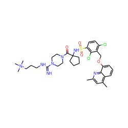 Cc1cc(C)c2cccc(OCc3c(Cl)ccc(S(=O)(=O)NC4(C(=O)N5CCN(C(=N)NCCC[N+](C)(C)C)CC5)CCCC4)c3Cl)c2n1 ZINC000049593040