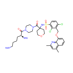 Cc1cc(C)c2cccc(OCc3c(Cl)ccc(S(=O)(=O)NC4(C(=O)N5CCN(C(=O)[C@@H](N)CCCCN)CC5)CCOCC4)c3Cl)c2n1 ZINC000082178765