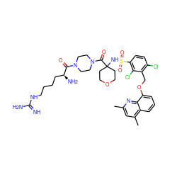 Cc1cc(C)c2cccc(OCc3c(Cl)ccc(S(=O)(=O)NC4(C(=O)N5CCN(C(=O)[C@@H](N)CCCCNC(=N)N)CC5)CCOCC4)c3Cl)c2n1 ZINC000095550213