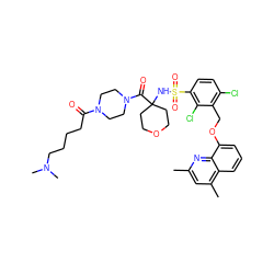 Cc1cc(C)c2cccc(OCc3c(Cl)ccc(S(=O)(=O)NC4(C(=O)N5CCN(C(=O)CCCCN(C)C)CC5)CCOCC4)c3Cl)c2n1 ZINC000082178431