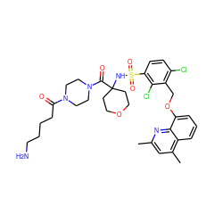 Cc1cc(C)c2cccc(OCc3c(Cl)ccc(S(=O)(=O)NC4(C(=O)N5CCN(C(=O)CCCCN)CC5)CCOCC4)c3Cl)c2n1 ZINC000082181777