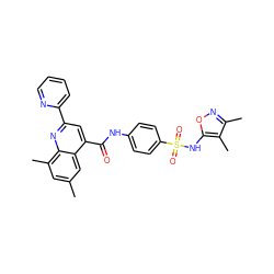 Cc1cc(C)c2nc(-c3ccccn3)cc(C(=O)Nc3ccc(S(=O)(=O)Nc4onc(C)c4C)cc3)c2c1 ZINC000001073995