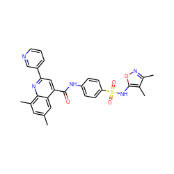 Cc1cc(C)c2nc(-c3cccnc3)cc(C(=O)Nc3ccc(S(=O)(=O)Nc4onc(C)c4C)cc3)c2c1 ZINC000001073423