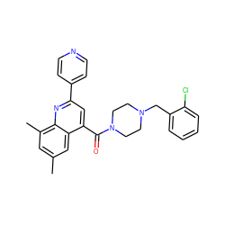 Cc1cc(C)c2nc(-c3ccncc3)cc(C(=O)N3CCN(Cc4ccccc4Cl)CC3)c2c1 ZINC000015989341