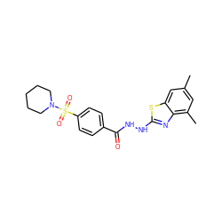 Cc1cc(C)c2nc(NNC(=O)c3ccc(S(=O)(=O)N4CCCCC4)cc3)sc2c1 ZINC000008683791