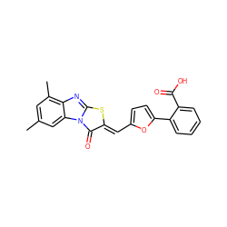 Cc1cc(C)c2nc3s/c(=C\c4ccc(-c5ccccc5C(=O)O)o4)c(=O)n3c2c1 ZINC000016676045