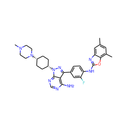 Cc1cc(C)c2oc(Nc3ccc(-c4nn([C@H]5CC[C@@H](N6CCN(C)CC6)CC5)c5ncnc(N)c45)cc3F)nc2c1 ZINC000253950957