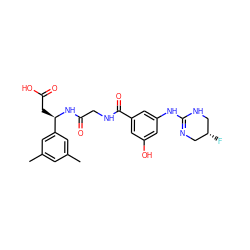 Cc1cc(C)cc([C@@H](CC(=O)O)NC(=O)CNC(=O)c2cc(O)cc(NC3=NC[C@@H](F)CN3)c2)c1 ZINC000028714314