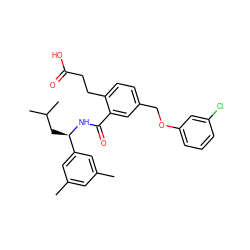 Cc1cc(C)cc([C@@H](CC(C)C)NC(=O)c2cc(COc3cccc(Cl)c3)ccc2CCC(=O)O)c1 ZINC000045369940