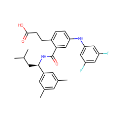 Cc1cc(C)cc([C@@H](CC(C)C)NC(=O)c2cc(Nc3cc(F)cc(F)c3)ccc2CCC(=O)O)c1 ZINC000049069793