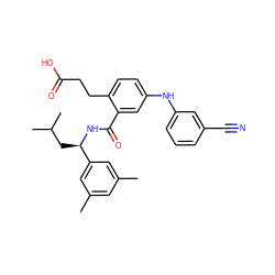 Cc1cc(C)cc([C@@H](CC(C)C)NC(=O)c2cc(Nc3cccc(C#N)c3)ccc2CCC(=O)O)c1 ZINC000038803282