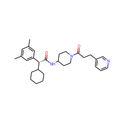 Cc1cc(C)cc([C@H](C(=O)NC2CCN(C(=O)CCc3cccnc3)CC2)C2CCCCC2)c1 ZINC000028818714