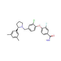 Cc1cc(C)cc([C@H]2CCCN2Cc2ccc(Oc3ccc(C(N)=O)cc3F)c(Cl)c2)c1 ZINC001772582288