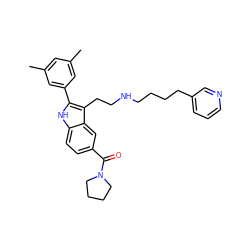 Cc1cc(C)cc(-c2[nH]c3ccc(C(=O)N4CCCC4)cc3c2CCNCCCCc2cccnc2)c1 ZINC000029417145