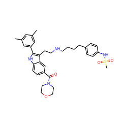 Cc1cc(C)cc(-c2[nH]c3ccc(C(=O)N4CCOCC4)cc3c2CCNCCCCc2ccc(NS(C)(=O)=O)cc2)c1 ZINC000029464994