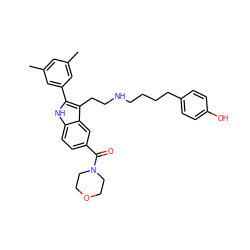 Cc1cc(C)cc(-c2[nH]c3ccc(C(=O)N4CCOCC4)cc3c2CCNCCCCc2ccc(O)cc2)c1 ZINC000003952712