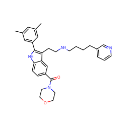 Cc1cc(C)cc(-c2[nH]c3ccc(C(=O)N4CCOCC4)cc3c2CCNCCCCc2cccnc2)c1 ZINC000029464436