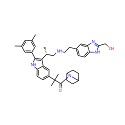 Cc1cc(C)cc(-c2[nH]c3ccc(C(C)(C)C(=O)N4CC5CCC4CC5)cc3c2[C@H](C)CNCCc2ccc3[nH]c(CO)nc3c2)c1 ZINC000027899013