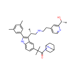 Cc1cc(C)cc(-c2[nH]c3ccc(C(C)(C)C(=O)N4CC5CCC4CC5)cc3c2[C@H](C)CNCCc2ccnc([C@@H](C)O)c2)c1 ZINC000026982282