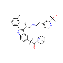 Cc1cc(C)cc(-c2[nH]c3ccc(C(C)(C)C(=O)N4CC5CCC4CC5)cc3c2[C@H](C)CNCCc2ccnc(C(C)(C)O)c2)c1 ZINC000026997332