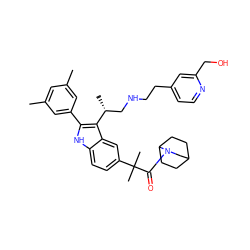 Cc1cc(C)cc(-c2[nH]c3ccc(C(C)(C)C(=O)N4CC5CCC4CC5)cc3c2[C@H](C)CNCCc2ccnc(CO)c2)c1 ZINC000026990981