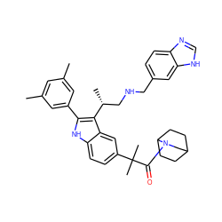 Cc1cc(C)cc(-c2[nH]c3ccc(C(C)(C)C(=O)N4CC5CCC4CC5)cc3c2[C@H](C)CNCc2ccc3nc[nH]c3c2)c1 ZINC000027982092