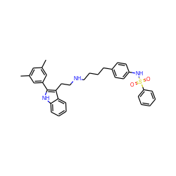 Cc1cc(C)cc(-c2[nH]c3ccccc3c2CCNCCCCc2ccc(NS(=O)(=O)c3ccccc3)cc2)c1 ZINC000026016350