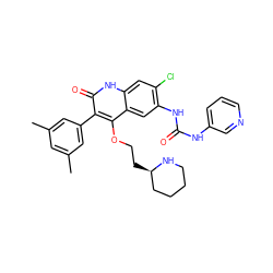 Cc1cc(C)cc(-c2c(OCC[C@@H]3CCCCN3)c3cc(NC(=O)Nc4cccnc4)c(Cl)cc3[nH]c2=O)c1 ZINC000029467127