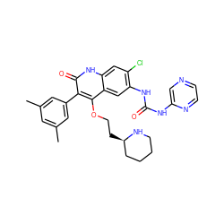 Cc1cc(C)cc(-c2c(OCC[C@@H]3CCCCN3)c3cc(NC(=O)Nc4cnccn4)c(Cl)cc3[nH]c2=O)c1 ZINC000029462626