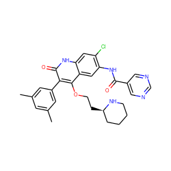 Cc1cc(C)cc(-c2c(OCC[C@@H]3CCCCN3)c3cc(NC(=O)c4cncnc4)c(Cl)cc3[nH]c2=O)c1 ZINC000029465907