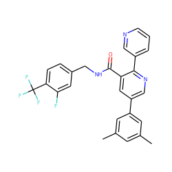 Cc1cc(C)cc(-c2cnc(-c3cccnc3)c(C(=O)NCc3ccc(C(F)(F)F)c(F)c3)c2)c1 ZINC000103234704