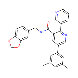 Cc1cc(C)cc(-c2cnc(-c3cccnc3)c(C(=O)NCc3ccc4c(c3)OCO4)c2)c1 ZINC000103234681