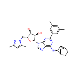 Cc1cc(C)cc(-c2nc(N[C@H]3C[C@H]4CC[C@H]3C4)c3ncn([C@@H]4O[C@H](Cn5nc(C)cc5C)[C@@H](O)[C@H]4O)c3n2)c1 ZINC001772647382