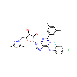 Cc1cc(C)cc(-c2nc(Nc3ccc(Cl)cc3F)c3ncn([C@@H]4O[C@H](Cn5nc(C)cc5C)[C@@H](O)[C@H]4O)c3n2)c1 ZINC001772647979