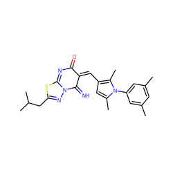 Cc1cc(C)cc(-n2c(C)cc(/C=C3\C(=N)N4N=C(CC(C)C)SC4=NC3=O)c2C)c1 ZINC000008684626