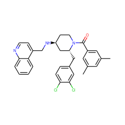 Cc1cc(C)cc(C(=O)N2CC[C@H](NCc3ccnc4ccccc34)C[C@H]2Cc2ccc(Cl)c(Cl)c2)c1 ZINC000026830176