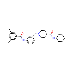 Cc1cc(C)cc(C(=O)Nc2cccc(CN3CCC(C(=O)NC4CCCCC4)CC3)c2)c1 ZINC001772600716