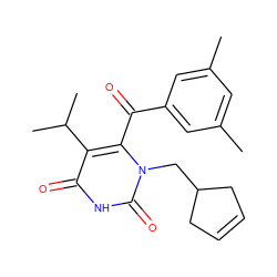 Cc1cc(C)cc(C(=O)c2c(C(C)C)c(=O)[nH]c(=O)n2CC2CC=CC2)c1 ZINC000006521897