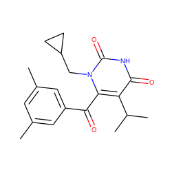 Cc1cc(C)cc(C(=O)c2c(C(C)C)c(=O)[nH]c(=O)n2CC2CC2)c1 ZINC000006521896