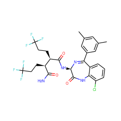 Cc1cc(C)cc(C2=N[C@H](NC(=O)[C@H](CCC(F)(F)F)[C@H](CCC(F)(F)F)C(N)=O)C(=O)Nc3c(Cl)cccc32)c1 ZINC000210722809